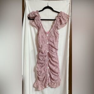 Suzanne Betro: button front ruffle ruched ditsy floral light pink dress size S.